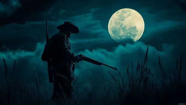 Cowboy with hat and rifle under moonlit prairie in desktop wallpaper 4K.