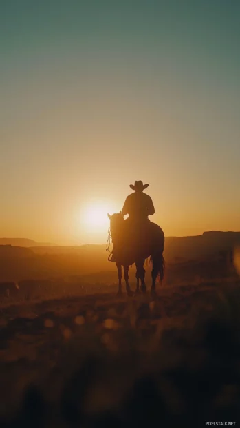 Cowboy with lasso riding into sunset, vast plains, dramatic silhouette.