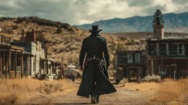 Cowboy with long duster coat walking through ghost town.