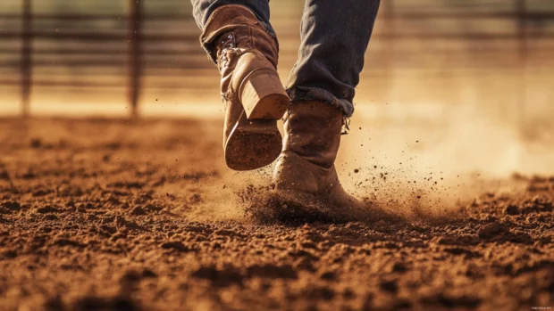 Cowboy with spurred boots kicking dirt in corral.