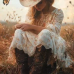 Cowgirl adjusting her boots as butterflies flutter past.