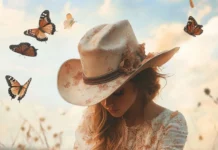 Cowgirl adjusting her boots as butterflies flutter past.