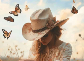 Cowgirl adjusting her boots as butterflies flutter past.