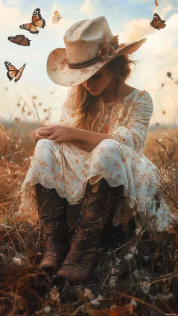 Cowgirl adjusting her boots as butterflies flutter past.