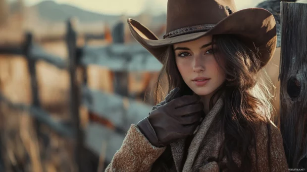 Cowgirl adjusting her gloves in front of a rustic fence.