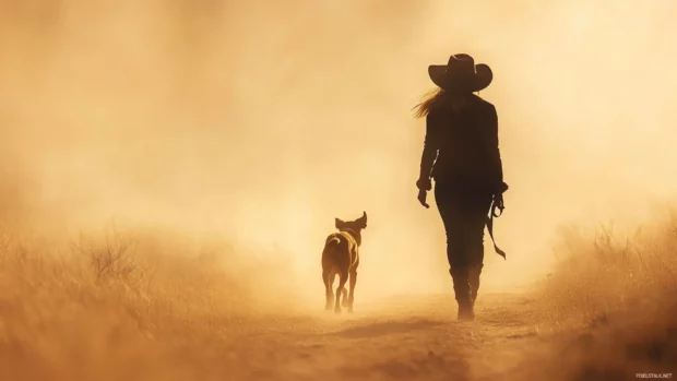 Cowgirl and her dog walking down a dusty trail.