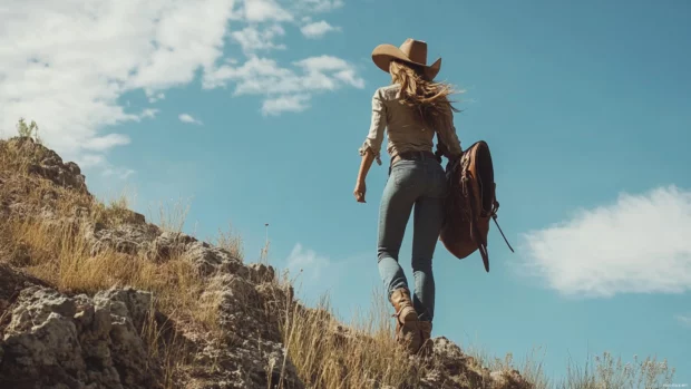 Cowgirl climbing a hill with saddle slung over her shoulder.