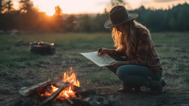 Cowgirl crouched beside a campfire drawing a map in the dirt.