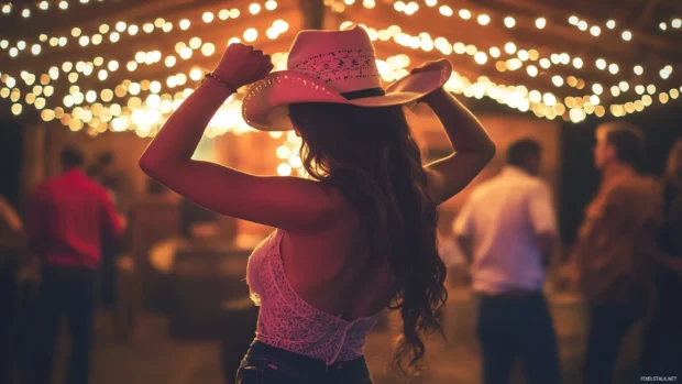 Cowgirl dancing at a barn party with fairy lights above.