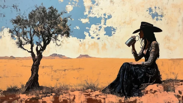 Cowgirl drinking from a canteen beneath a lone desert tree.