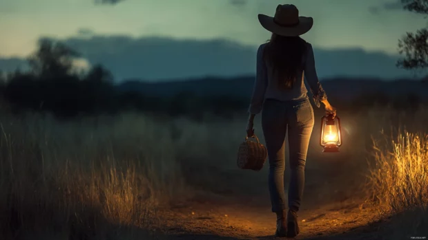 Cowgirl holding a lantern while walking a dirt path at night.