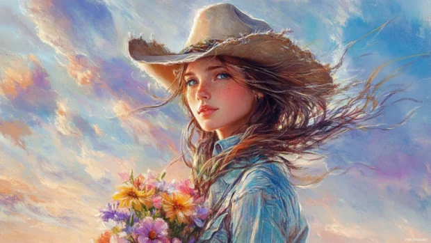 Cowgirl holding flowers as wind whips her hair across her face.