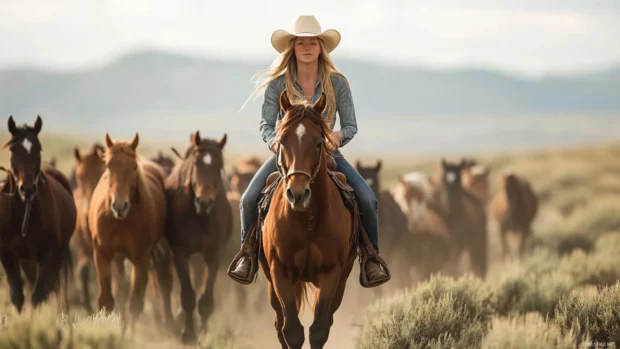 Cowgirl leading a herd of horses across open country.