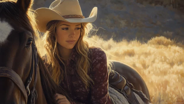 Cowgirl leaning on her horse in a quiet early morning moment.