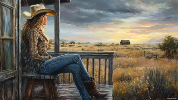Cowgirl looking into the distance from her farmhouse porch.