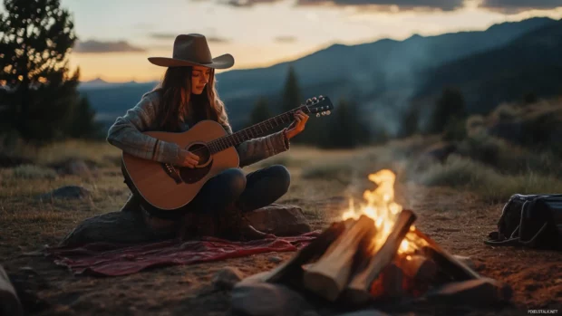 Cowgirl playing guitar near a campfire at dusk.