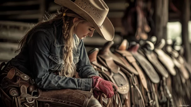 Cowgirl polishing her boots beside a row of saddles.