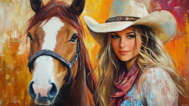 Cowgirl posing beside a horse painted in vibrant wild west colors.