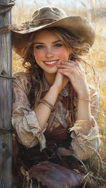 Cowgirl resting beside a wooden fence with painted nails and a warm smile.
