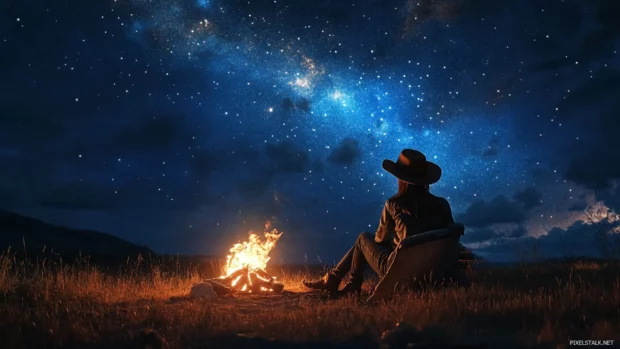 Cowgirl resting by a campfire as stars begin to fill the sky.