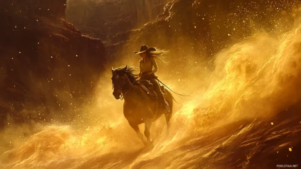 Cowgirl riding through a canyon with golden dust swirling around.
