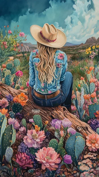 Cowgirl sitting on a log surrounded by cacti and desert blooms.