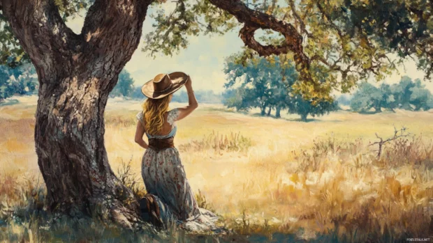 Cowgirl tipping her hat under an old oak tree.