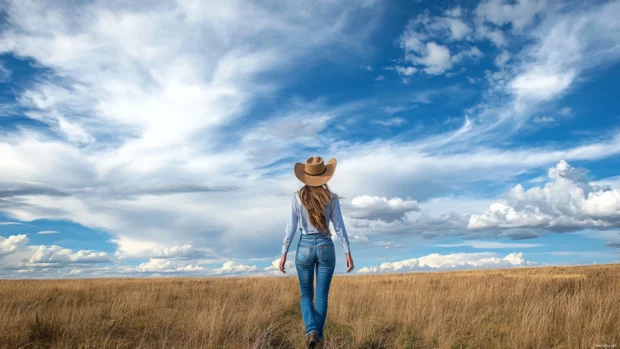 Cowgirl walking toward the horizon under big sky clouds.