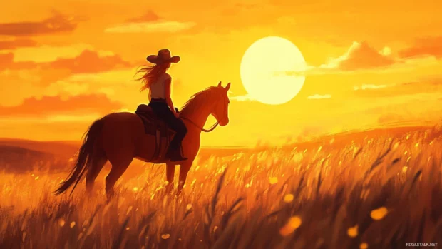 Cowgirl wallpaper aesthetic featuring a sunset ride through golden fields.