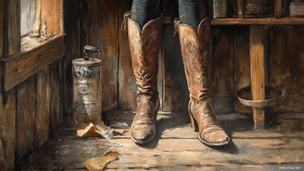Cowgirl wallpaper rustic charm showing old saloon and dusty boots.