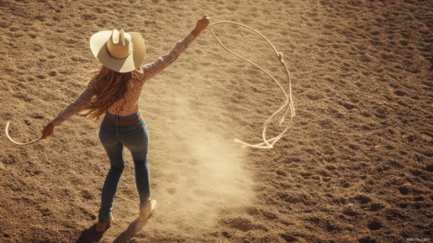 Cowgirl waving her lasso mid performance in a dusty rodeo ring.