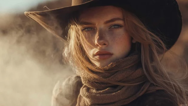 Cowgirl wrapping a scarf around her neck as dust rises around her.