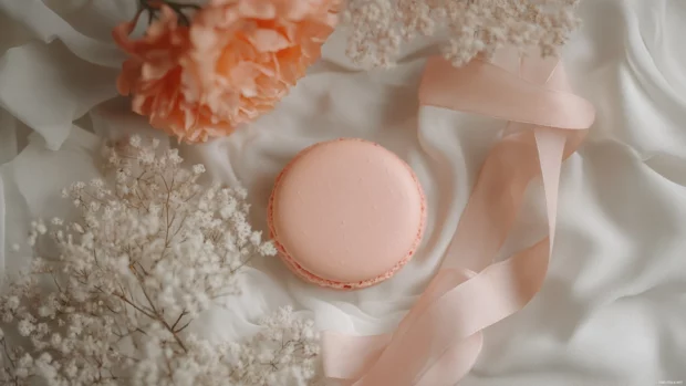Cozy aesthetic flat lay with pink macarons, soft ribbons, and flowers.