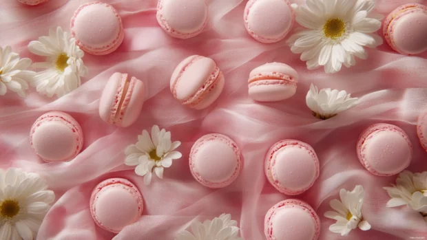 Cozy aesthetic flat lay with pink macarons, soft ribbons, and flowers.