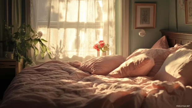 Cozy bed with blush pillows and gentle morning light.