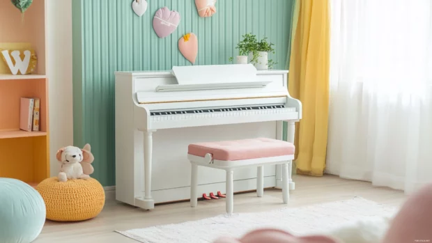 Cozy music setup with tiny piano and pastel cushions.