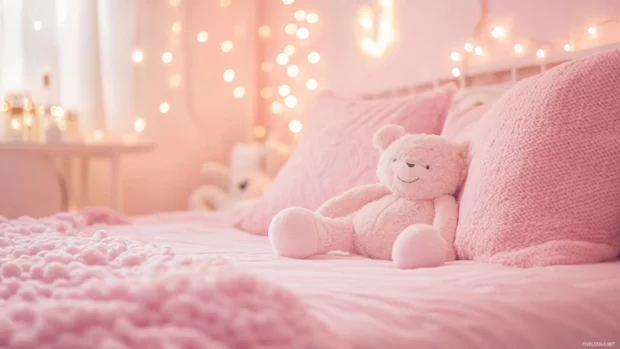 Cozy pink aesthetic bedroom with fairy lights and plushies.