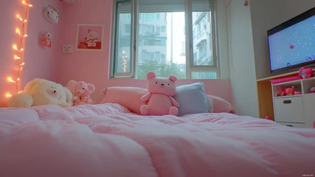 Cozy pink aesthetic bedroom with fairy lights and plushies.