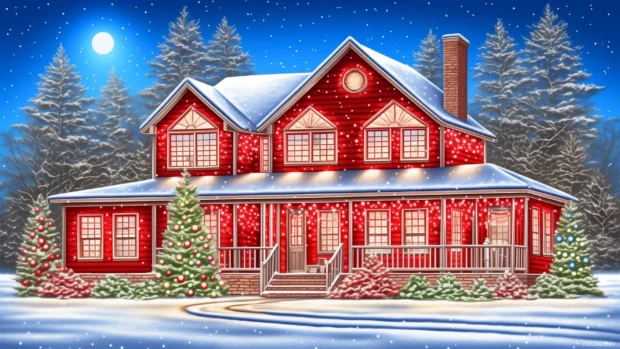 Cozy village scene, snowmen and animals making snow forts, stars and bright moon.