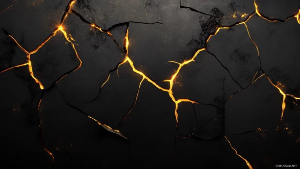 Cracked black marble background with gold veins.