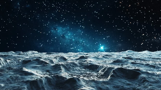 Cracked earth gleaming under frozen constellations.