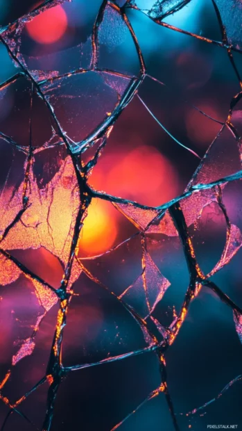 Cracked glass texture with neon lights pulsing behind the breaks.