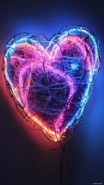 Cracked neon heart pieced together with glowing threads.