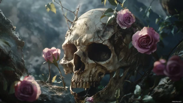 Cracked skull with decaying roses, smoky shadows, haunting beautiful vibe.