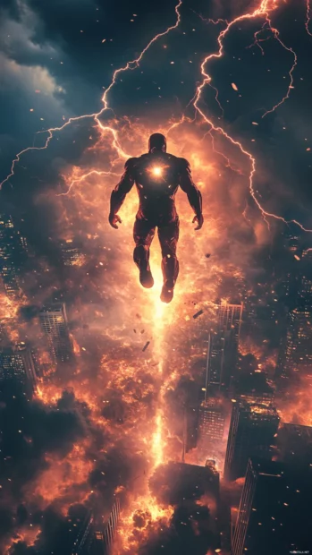 Cracks of lightning reveal Iron Man Flying Through Clouds as he emerges from the wreckage overlooking a burning skyline.