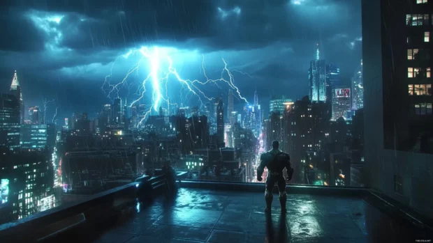 Cracks of lightning reveal Iron Man Hulkbuster as he stands silently amid the chaos on the rooftop of Stark Tower.