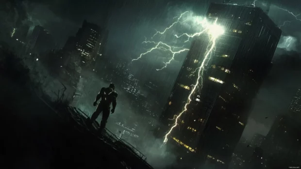 Cracks of lightning reveal Iron Man Mark I as he emerges from the wreckage on the rooftop of Stark Tower.