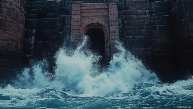 Crashing surf at the base of an ancient lighthouse.