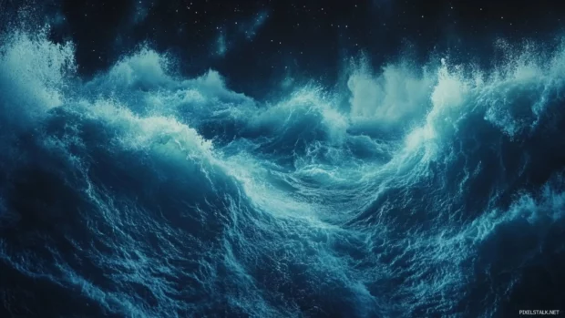Crashing waves glowing under starry storms.