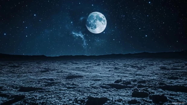Cratered moon surface under a field of distant stars.